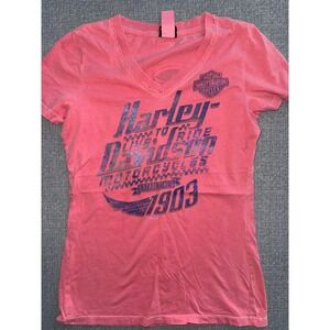 Harley-Davidson Seacoast NH Graphic V-Neck T-Shirt Pink XS Glitter Logo 2019